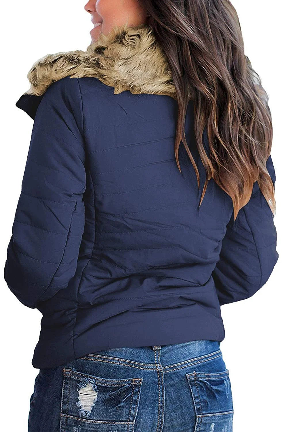 Women Parka Coat Pockets Quilted Puffer Jacket with Faux Fur Lapel, Size S-2XL