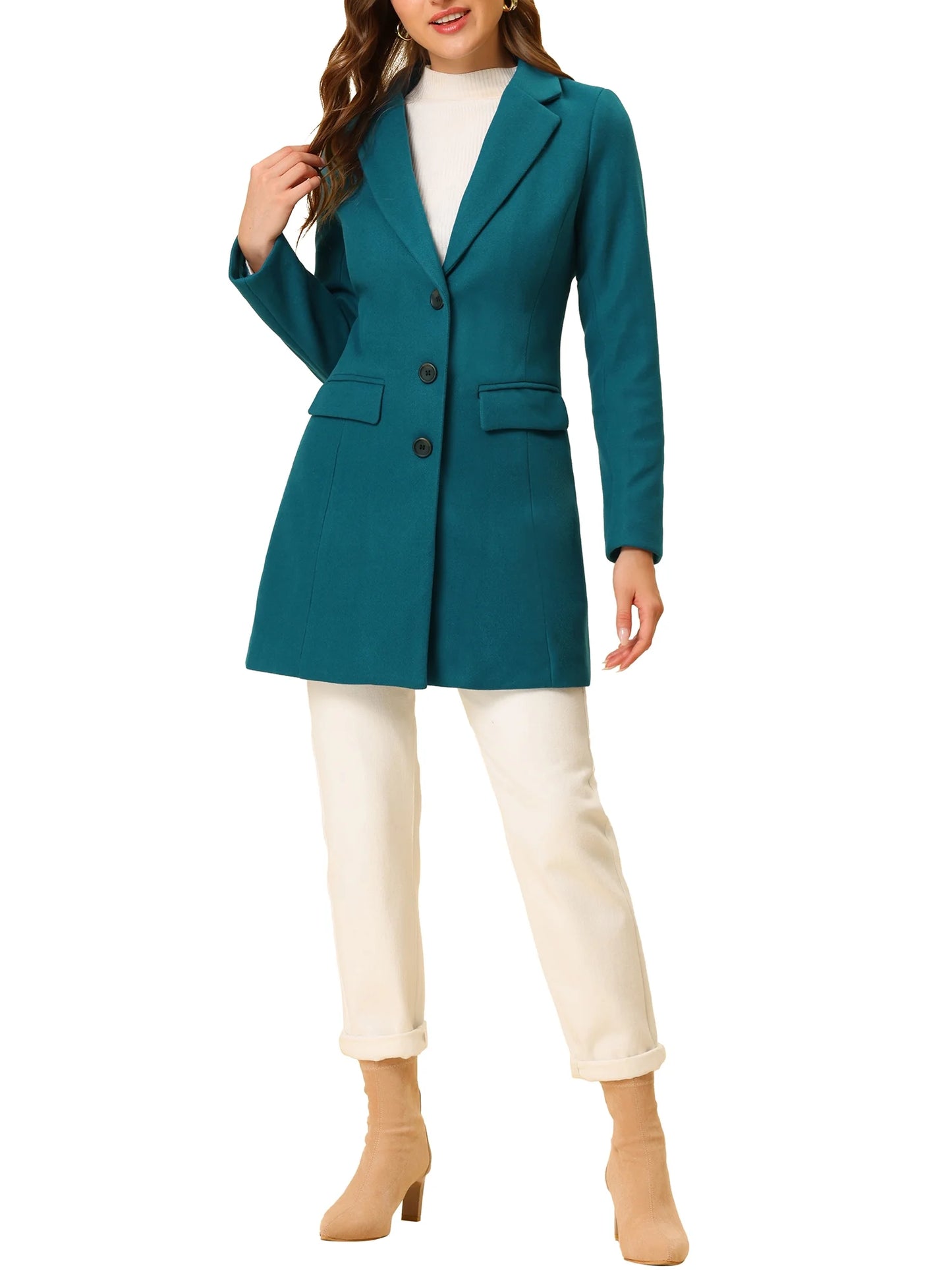 Women'S Long Coat Notched Lapel Long Sleeves Single Breasted Winter Coats XS Lake Blue