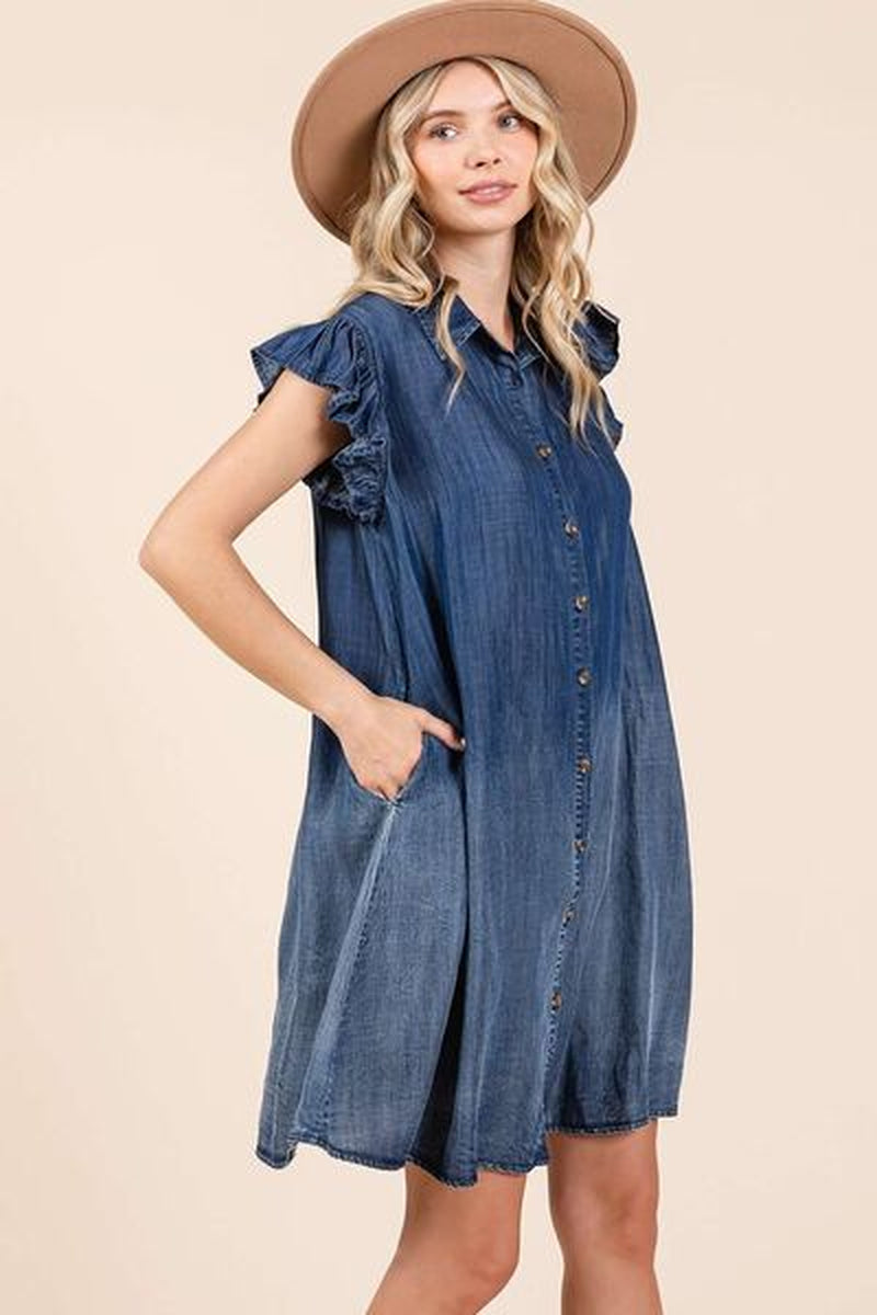 Mittoshop Washed Chambray Ruffle Sleeve Buttoned Mini Dress