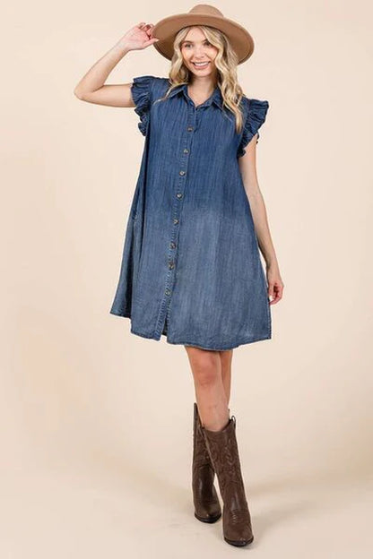 Mittoshop Washed Chambray Ruffle Sleeve Buttoned Mini Dress