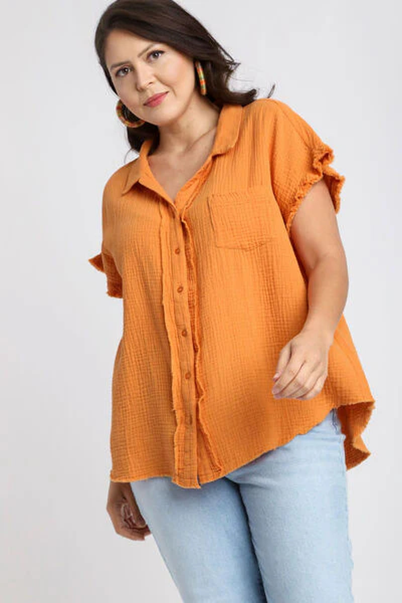 Umgee Full Size Frayed Hem Collared Neck Short Sleeve Shirt plus Size