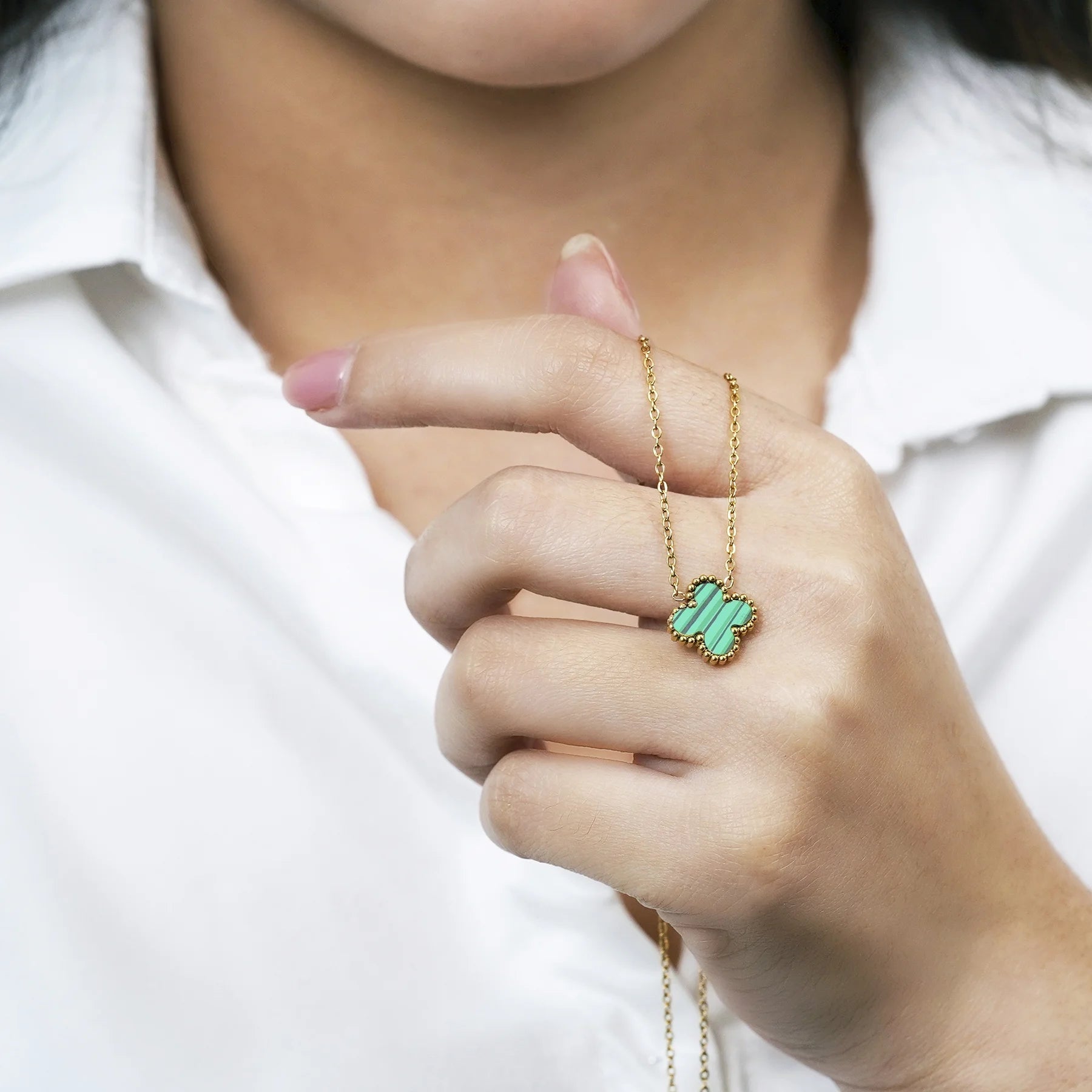 Green Flower Pendant Necklace in Yellow Gold Plated