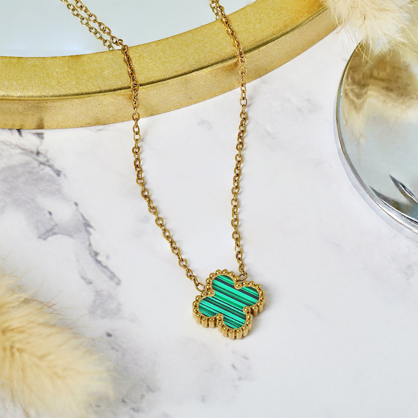 Green Flower Pendant Necklace in Yellow Gold Plated