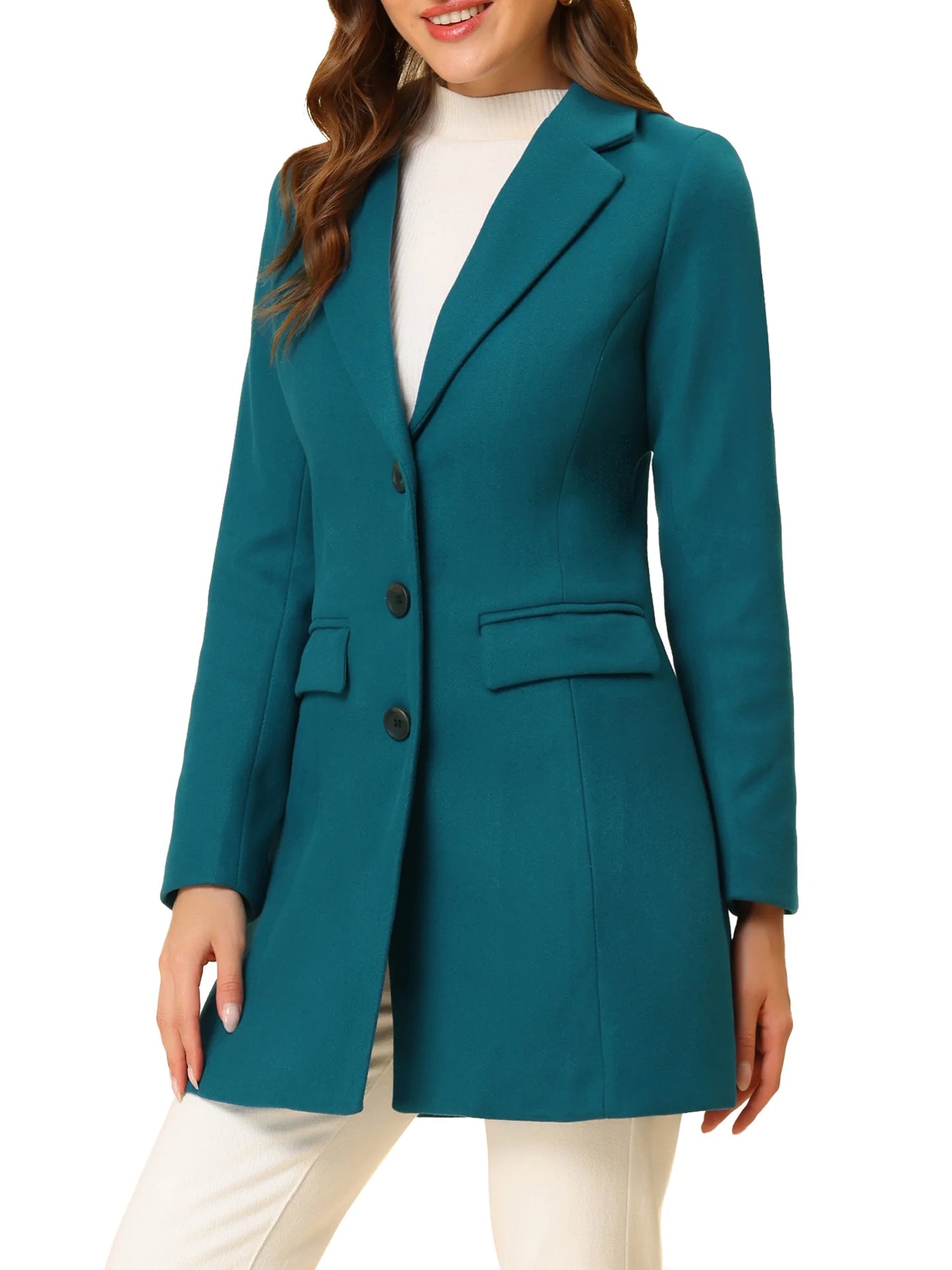 Women'S Long Coat Notched Lapel Long Sleeves Single Breasted Winter Coats XS Lake Blue