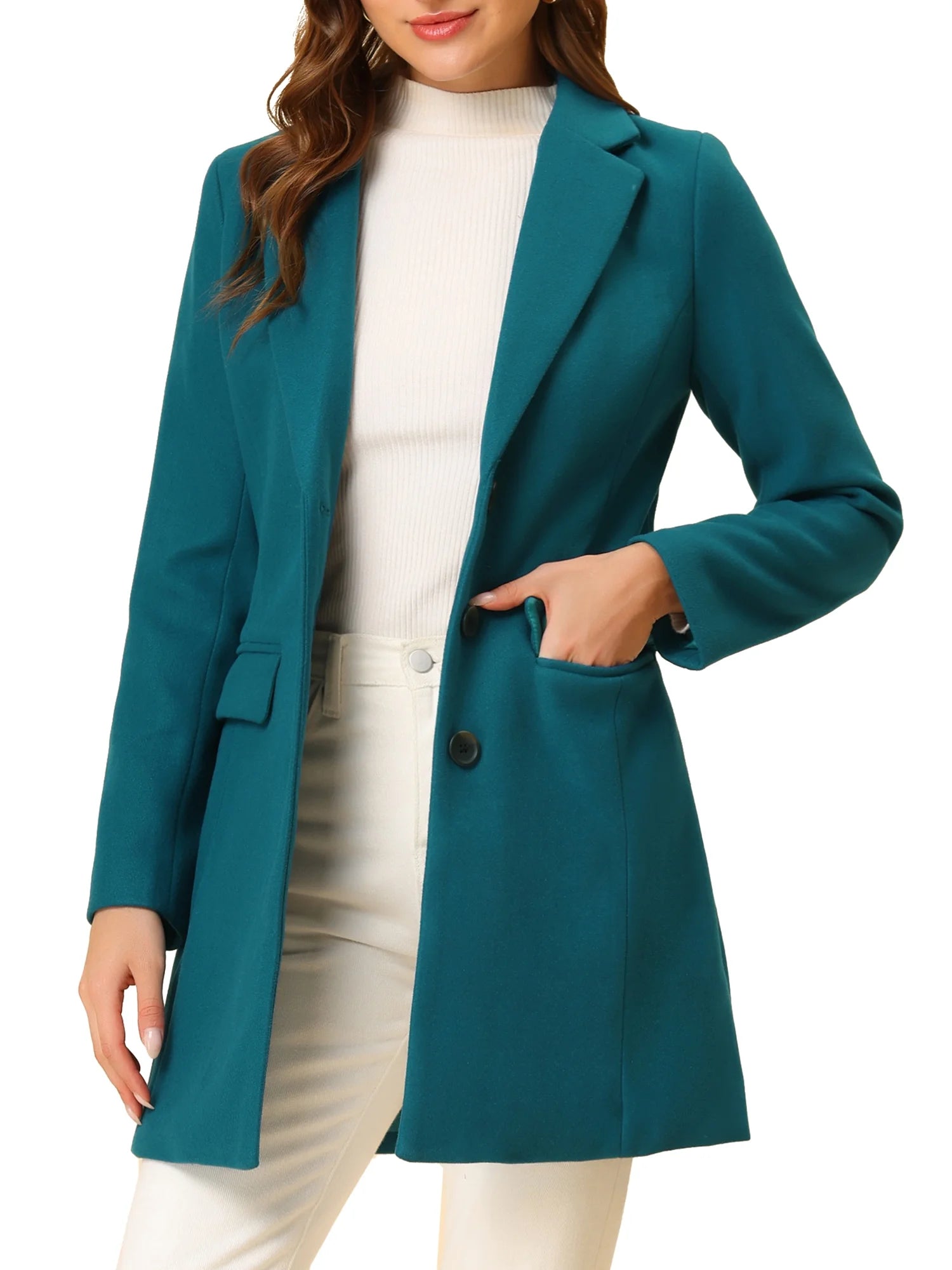 Women'S Long Coat Notched Lapel Long Sleeves Single Breasted Winter Coats XS Lake Blue