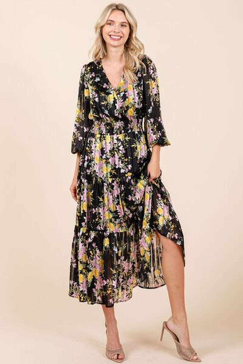 Mittoshop Flower Print Satin Lurex Stripe Smocked Midi Dress