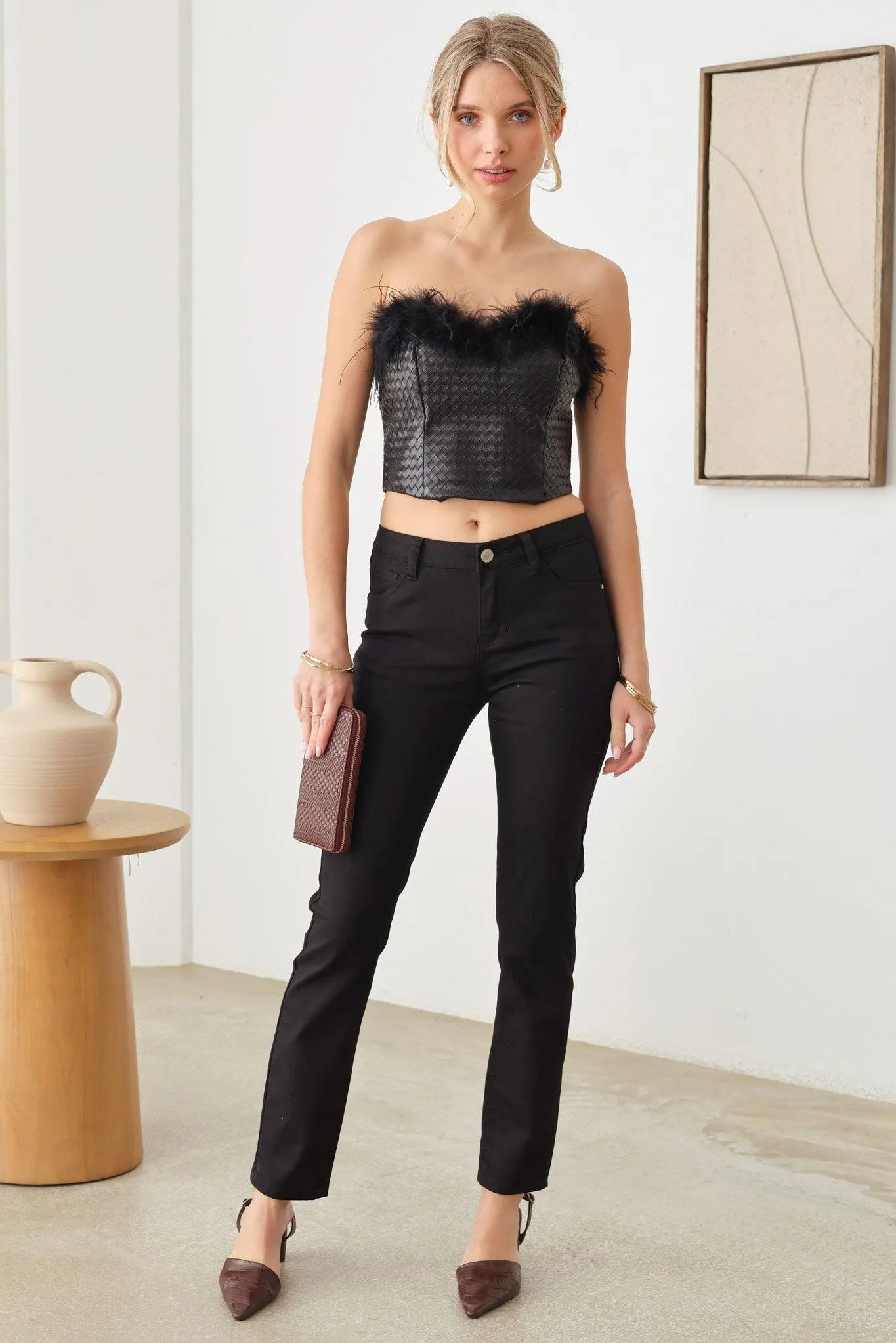 Faux Leather Feather Tube Crop Top