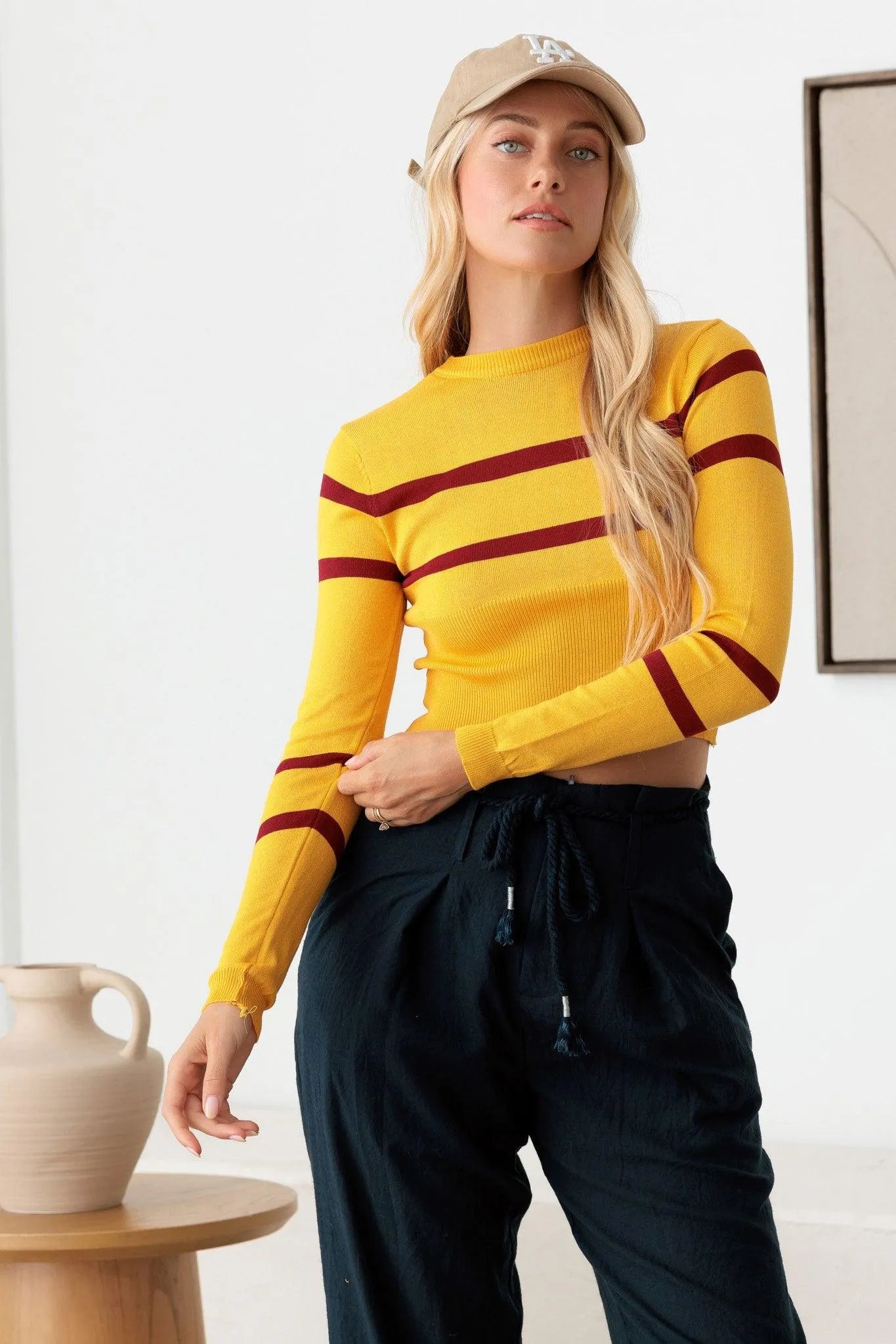 Stripe Long Sleeve Crop Knit Top