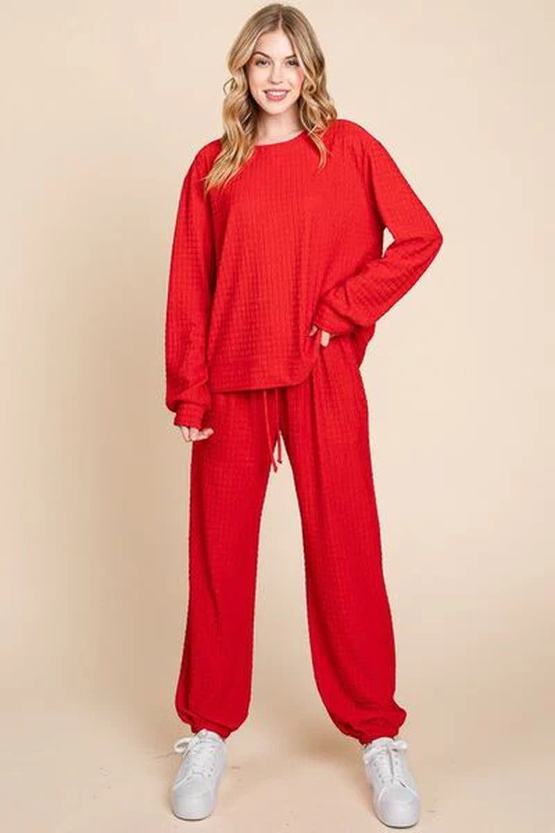 Super Lady Full Size Crinkle Check round Neck Top and Pants Lounge Set