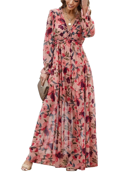 Women'S Red Floral Maxi Dresses Casual Deep V Neck Long Sleeve Evening Dress Cocktail Party Dress for Women, US 8-10(M)