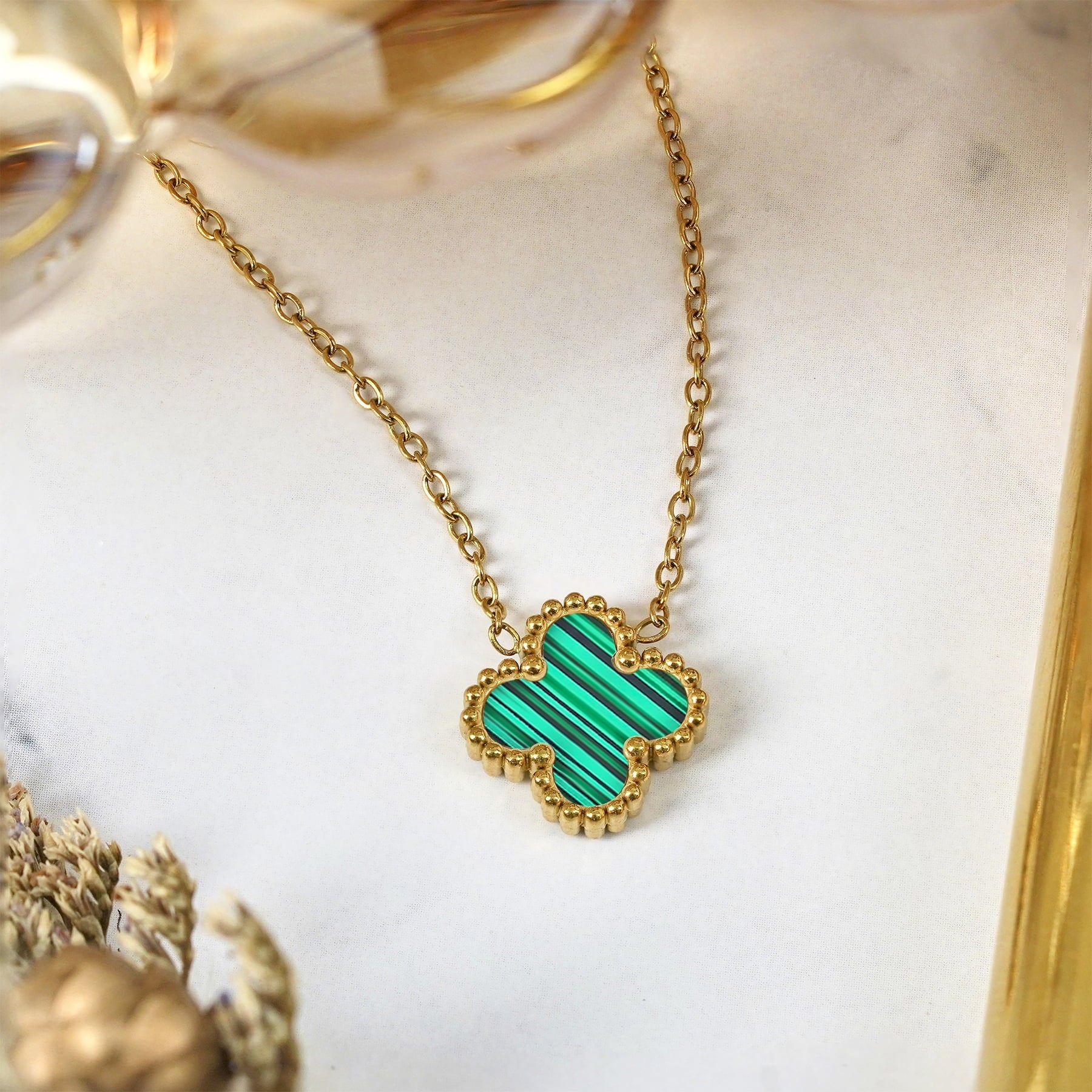 Green Flower Pendant Necklace in Yellow Gold Plated