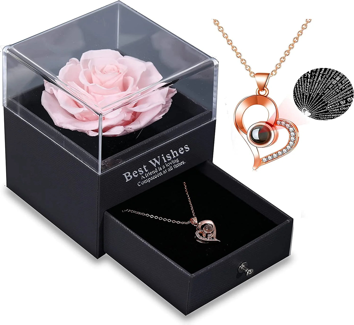 Preserved Real Rose with I Love You Necklace -Enchanted Rose Flower Gifts for Wife Girlfriend Mom Valentine'S Day Christmas Birthday Anniversary Romantic Gifts for Her (Pink)